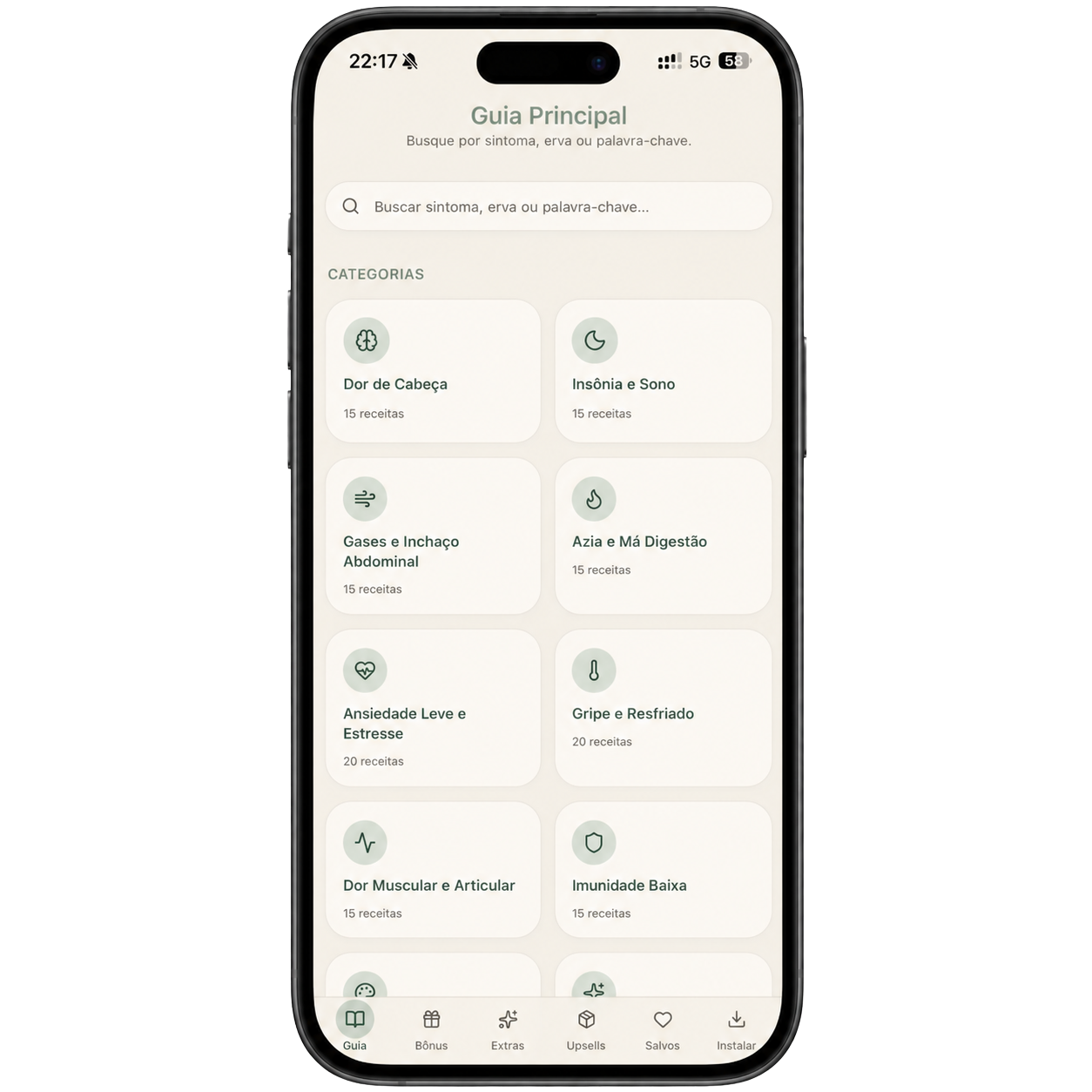 Captura de pantalla de la app Remedios de la Tierra mostrando la Guía Principal con categorías de recetas naturales en un celular